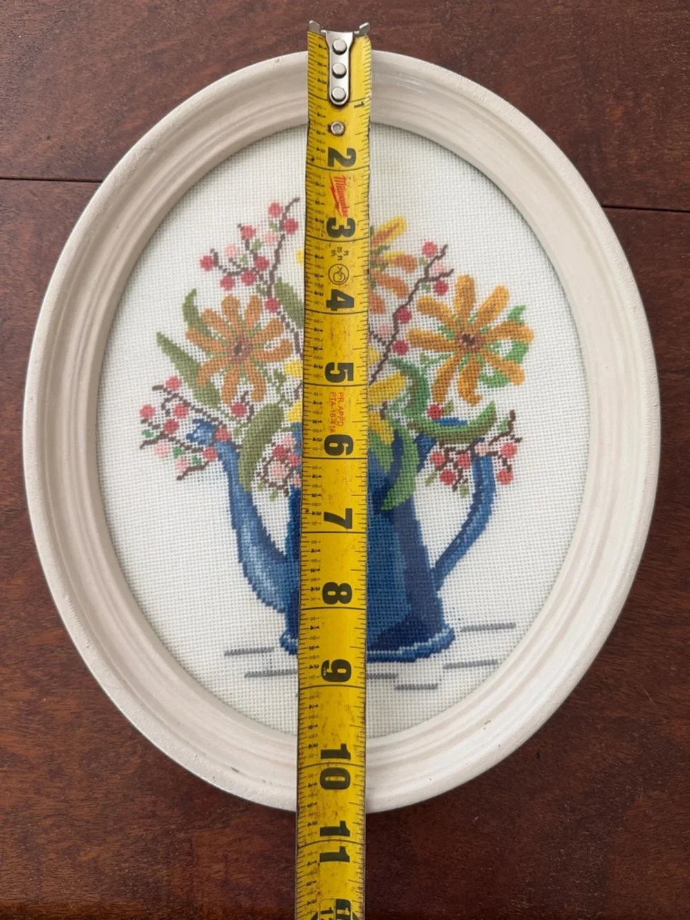 Vintage Floral Cross Stitch in Blue Pitcher - Yellow Flowers
